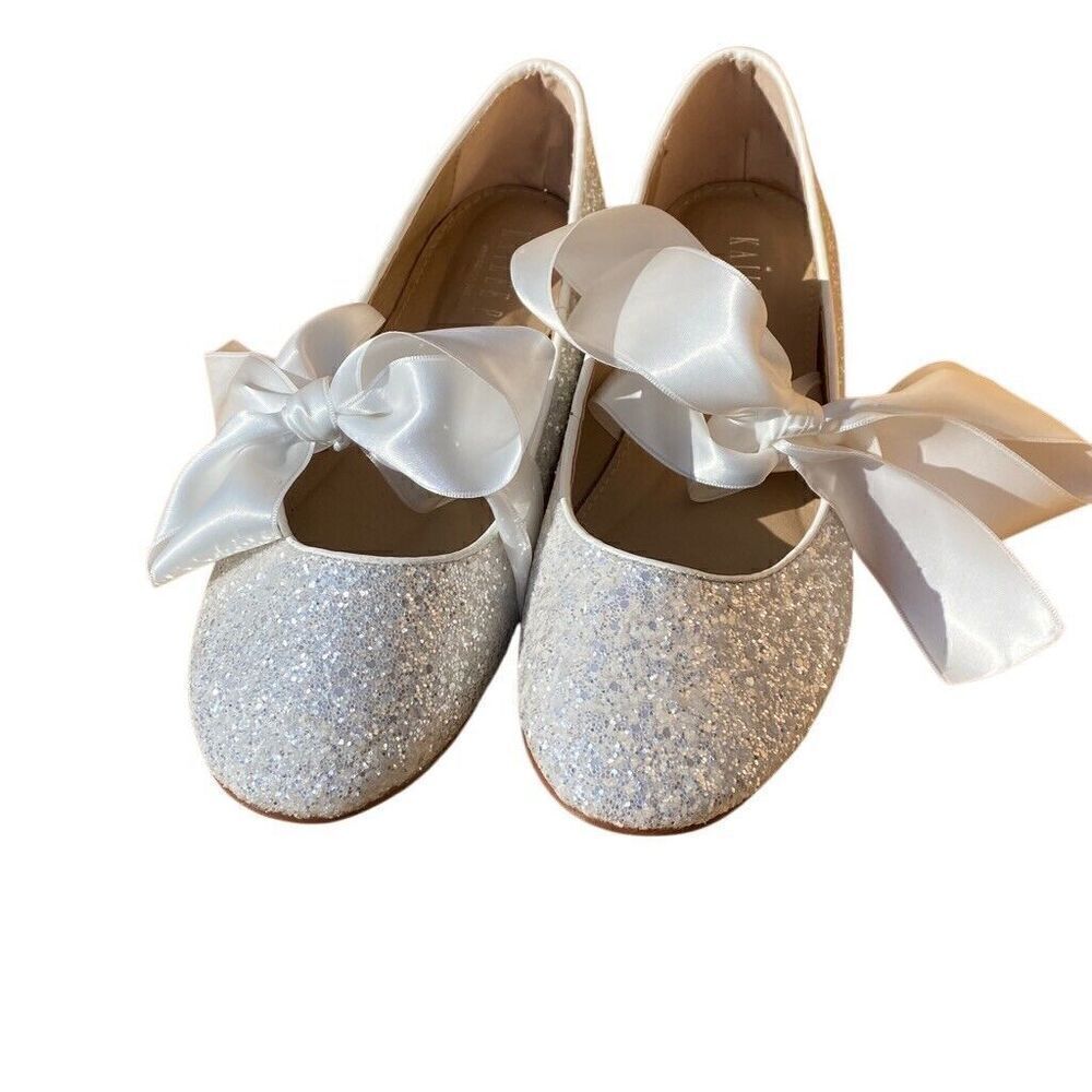 Kailee P Silver Sparkly Rhinestone Ballerina Flats Satin Bow Size 10/11 Women